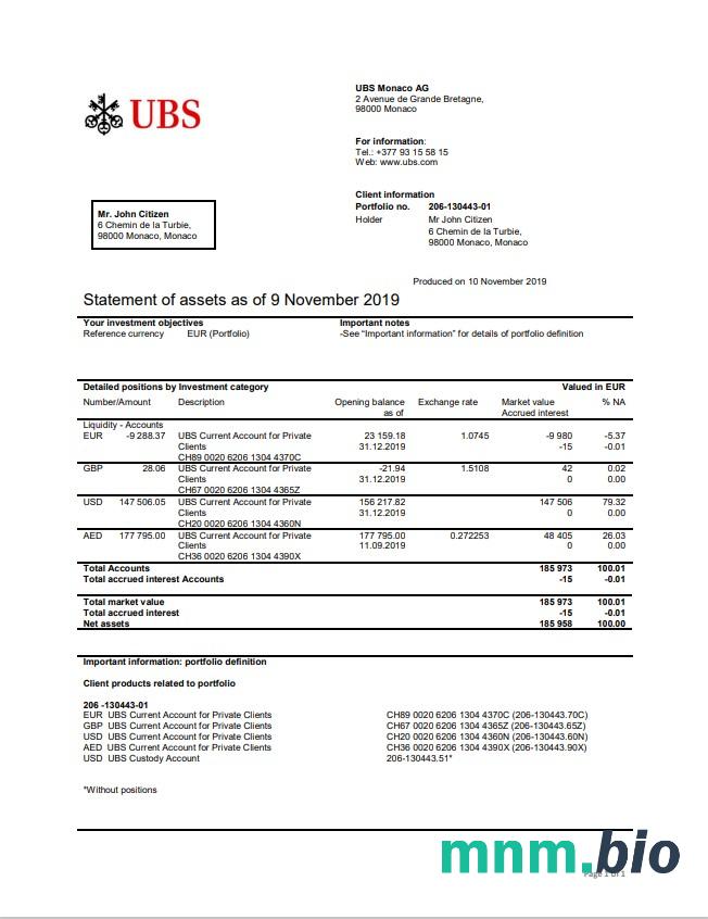 Monaco Julius Bar szablon wyciągu bankowego w programie Word i PDF